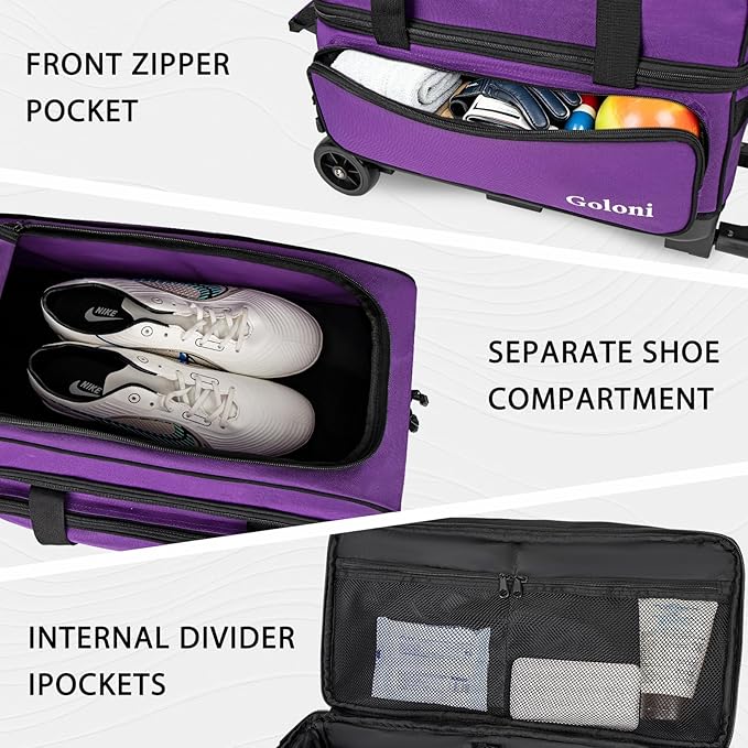 Goloni Double Roller 2 Ball Bowling Bag with Separate Shoe Compartment,2 Ball Bowling Bag with Wheels,Retractable Handle Extends to 40"