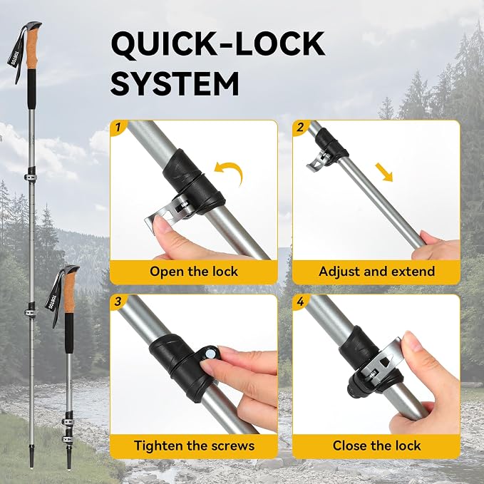TOBTOS Trekking Poles, 2 Pack 7075 Aluminum Walking Sticks with Quick Lock, Lightweight Adjustable Hiking Sticks, Comfortable Cork Grips for Hiking, Walking & Camping
