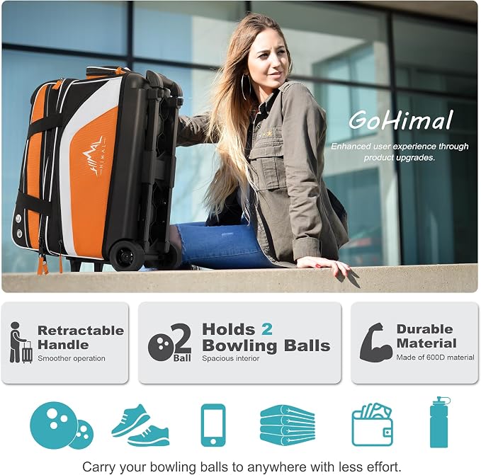 GoHimal Double Roller 2 Ball Bowling Bag with Separate Shoe Compartment for Bowling Shoes (Up To US Men Size 15) and Abundant multifunction Accessory Pocket, Upgraded fabric, Retractable Handle - Extends to 40"