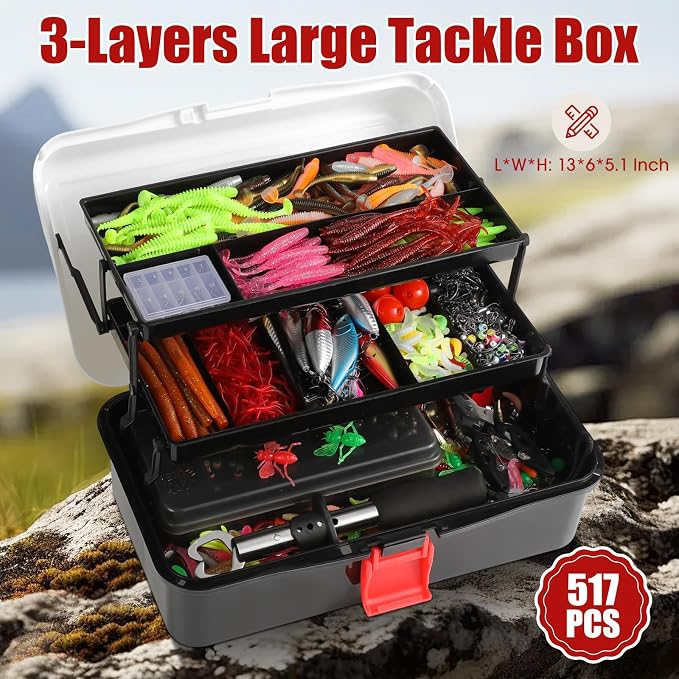 517 Pcs Large 3 Layers Tackle Box with Tackle Fishing Lures Kit Included Pliers, Fish Lip Gripper, Crankbait, Hooks, Other Accessories Fishing Kit for Men Gifts Summer Vacation(Black White)