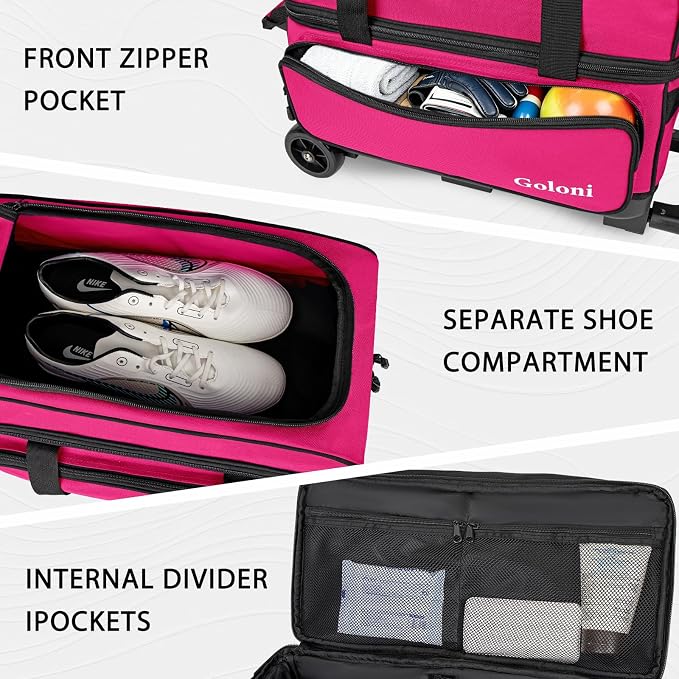 Goloni Double Roller 2 Ball Bowling Bag with Separate Shoe Compartment,2 Ball Bowling Bag with Wheels,Retractable Handle Extends to 40"
