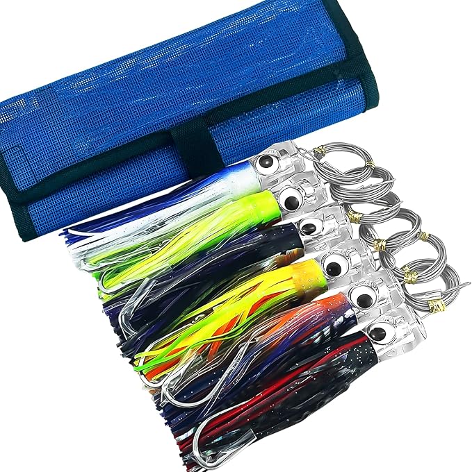 Narcissus 6PCS Trolling Lures Kit Saltwater – 6.5inch Offshore Big Game Fishing Lures,Pre-Rigged Lure with Mesh Storage Bag for Tuna, Marlin, Mahi, Wahoo