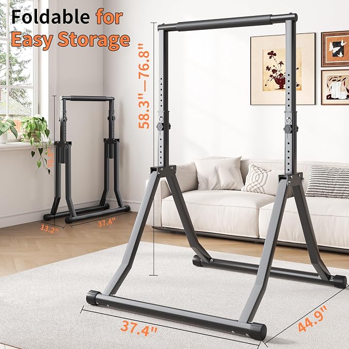 Foldable Power Tower Dip Station for Pull Ups, 58.3"-76.8" 12 Level 700 LBS, Adjustable Dip Handles & Assistance Bands Foldable Home Gym Equipment