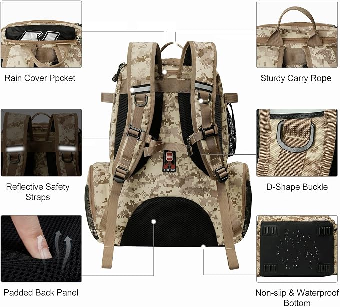 N NEVO RHINO Fishing Tackle Backpack with Rod Holders, 40L Large Fishing Bag with Waterproof Rain Cover,Outdoor Tackle Bag