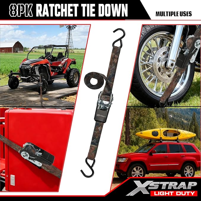 XSTRAP STANDARD 8-Pack Ratchet Tie Down Straps, 1" x 10ft, 900lb Break Strength Heavy Duty Straps for Motorcycles, ATVs, Lawn Equipment, Appliances & Truck Cargo - Camouflage