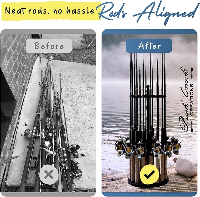 Rush Creek Creations | Fishing Rod Holder for 16 Rods, Fishing Pole Holder for Garage Organization and Storage, for Fishing Reels, Fishing Gear, Fishing Accessories, Tackle Box (360° Access))