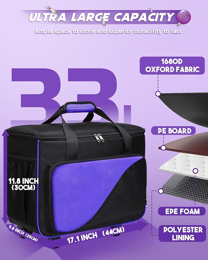 Convertible Bowling Bag with Wheels - Roller Bag for 1 or 2 Balls - EVA Foam Ball Cup - Rolling Tote for Bowling Accessories - Gifts for Youth & Adults