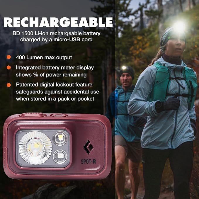 BLACK DIAMOND Spot 400-R Rechargeable Headlamp | 400 Lumens, Dimmable | Micro-USB Charging | Waterproof & Compact | Camping, Hiking, Running | BD Bordeaux