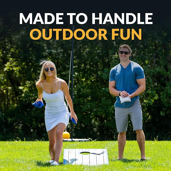 Hathaway Atlantic LED Cornhole Board Set – Includes 8 Rip-Resistant Bean Toss Bags & 2 Target Boards with Built-in Cornhole Lights & Nylon Carrying Bag for Portability – Blue/White