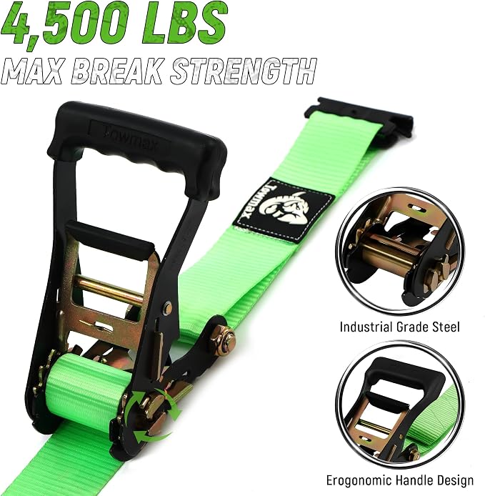 UTV Wheel Chock Tie-Down Kit - 4,500lb Break Strength Heavy Duty Trailer Tire Straps System - 2Pack 2" x 8' E Track Ratchet Straps for SXS, UTV, ATV, Lawn Mower (Bright Green)