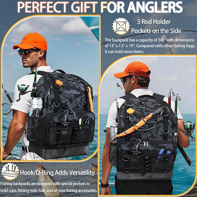 Fishing Backpack with Tackle Boxes and Rod Holder, Cooler, 30L Large Tackle Bag with Fishing Gear Lures Kit, Waterproof Bottom tackle Backpack Fish Set Gifts for Men Women-Camo Back Pack
