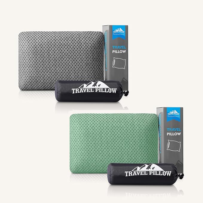 Travel Pillow Memory Foam Pillows, Dark Grey M Size, Green M Size, Ideal Backpacking Hiking, Bed Pillows, Airplane and Car