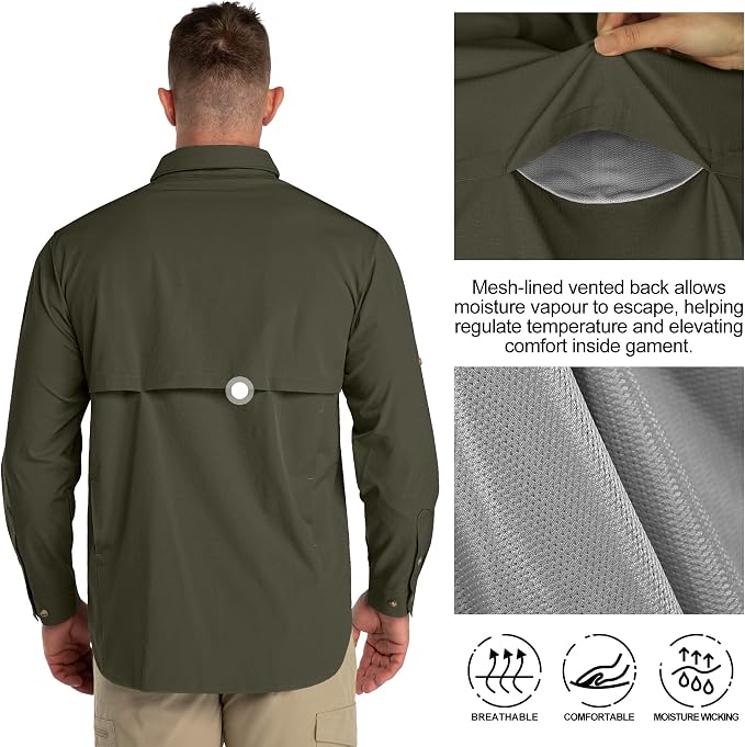 33,000ft Men's UPF 50+ UV Protection Long Sleeve Hiking Shirts Breathable Quick Dry Fishing Shirts for Safari, Outdoor