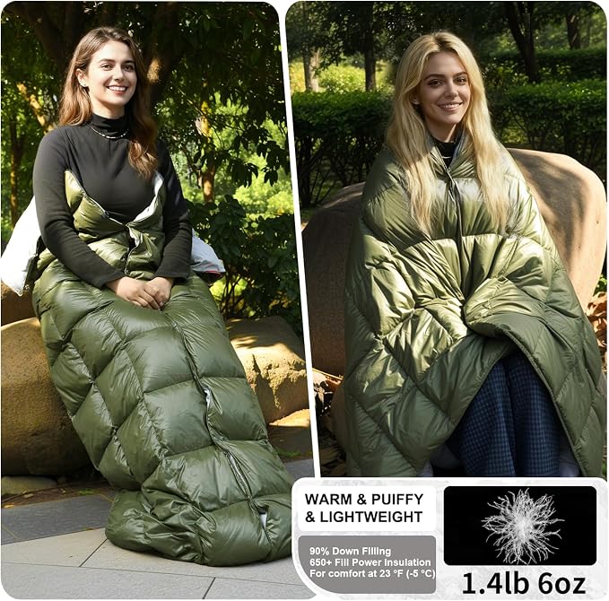 Down Camping Blanket - Lightweight, Packable, Warm & Puffy Outdoor Travel Quilt for Sleep, Hiking, Backpacking, Stadium, Festivals, Water-Resistant Sleeping Bag 55"x79"
