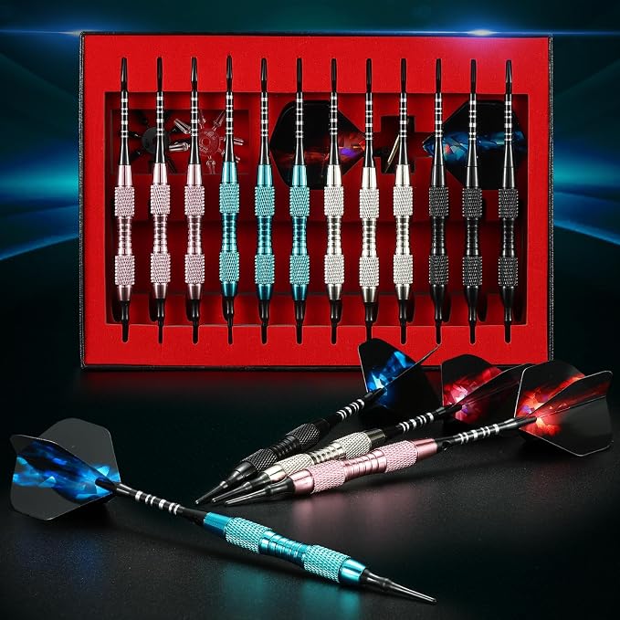 Soft Tip Darts Set with Gift Box Dart Case Professional Darts Plastic Tip with 100 Dart Tips 12 Shafts 24 Flights Tool Kit Flight Protectors for Electronic Dart Board