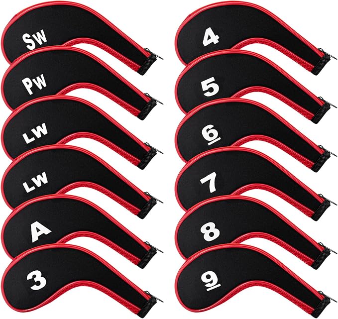 Golf Club 12pcs Thick Synthetic Zipper Long Neck Set Headcover Fit The Most Brands, Side Number Golf Iron Club Head Cover LW SW PW Covers #3,4,5,6,7,8,9