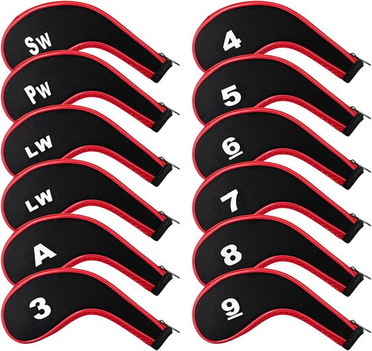 Golf Club 12pcs Thick Synthetic Zipper Long Neck Set Headcover Fit The Most Brands, Side Number Golf Iron Club Head Cover LW SW PW Covers #3,4,5,6,7,8,9
