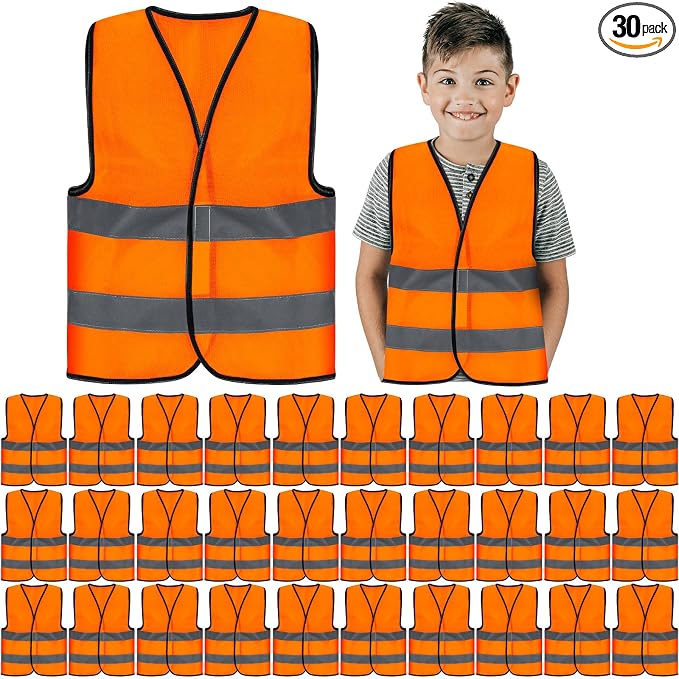 Zhanmai 30 Pcs Kids Safety Vest Bulk High Visibility Reflective Construction Vest with Strips Neon for Traffic Child Outdoor (Orange)