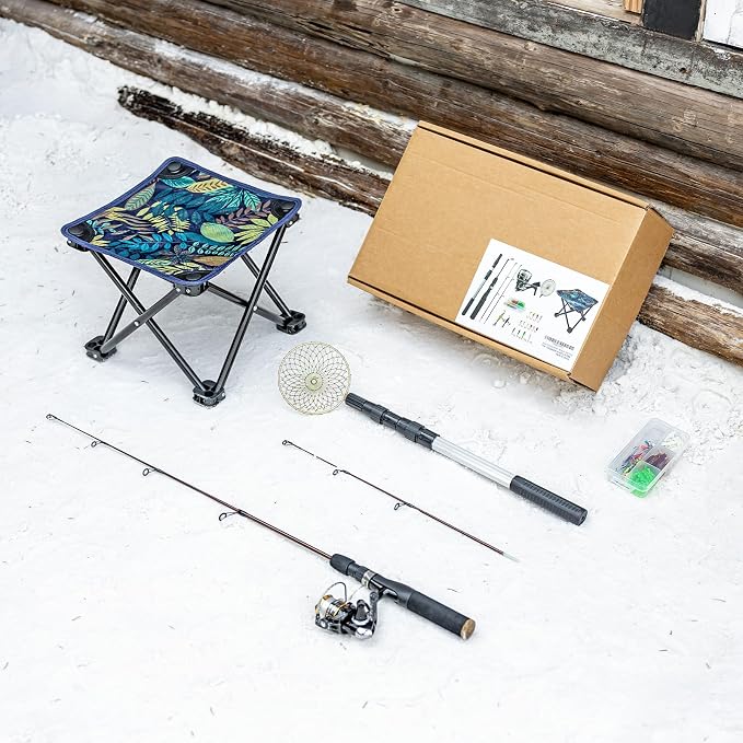 Gonex Ice Fishing Rod Reel Combo Medium Light Carbon Fiber Fiberglass Portable Complete Kit Include Skimmer Spare Rod Spinning Ice Fishing Reel Ice Jig Folding Stool for Winter Fishing