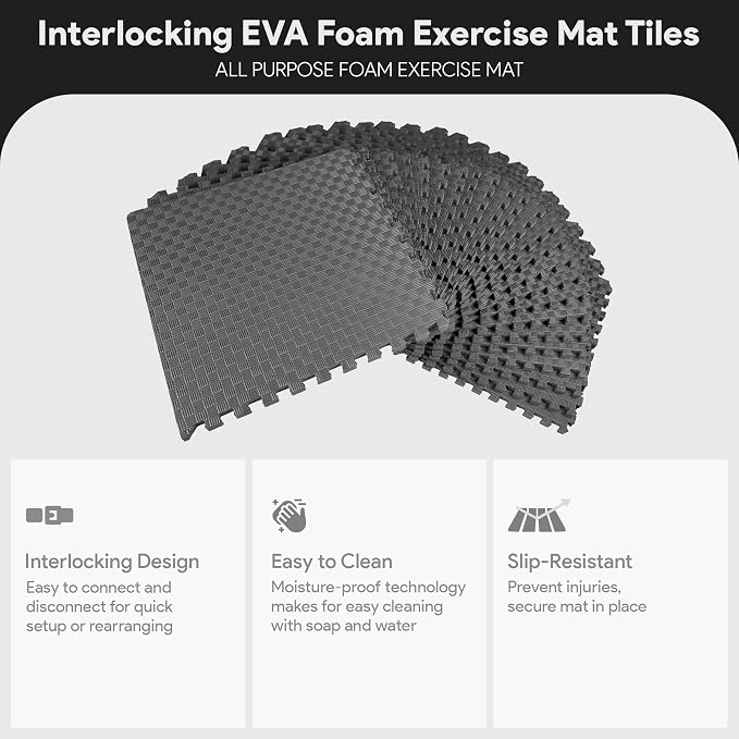 BalanceFrom Puzzle Exercise Mat 1" Thick, EVA Interlocking Foam Floor Tiles for Home Gym, Mat for Home Workout Equipment, Floor Padding for Kids, Gray, 24 in x 24 in x 1 in, 72 Sq Ft - 18 Tiles