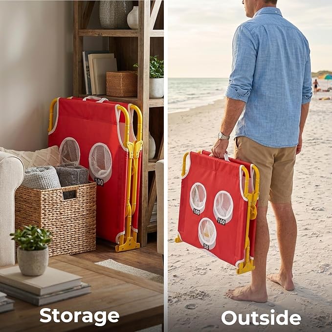 Foldable Cornhole Game Set Portable Bean Bag Toss for Family Tailgate & Beach - Metal Frame 5-Hole Arcade Style with 8 Bags & 8 Fun Games - Choose 3x2' Tailgate or 4x2' Regulation Size