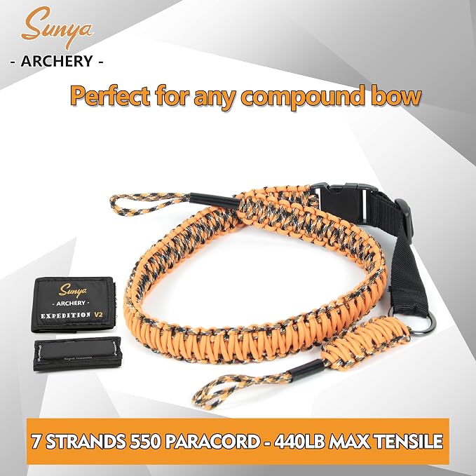 SUNYA Paracord Compound Bow Sling with V2 Upgraded Magnetic Connection System. Lightweight Hands Free Shoulder Carrying Sling for Bow Hunting, Field Archery and 3D