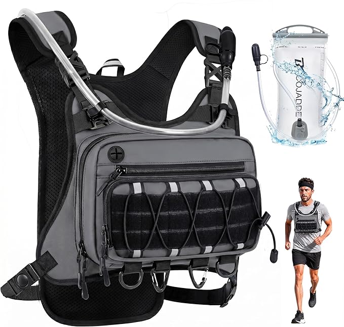 BECOJADDE Running Vest for Men with 2L Water Bladder Tactical Hydration Backpack Adjustable Lightweight Chest Pack for Marathon Hunting Cycling