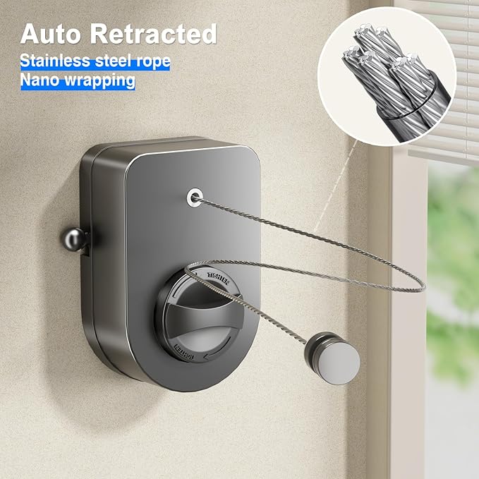 Mustorn Retractable Clothesline Indoor, Non-Sagging Outdoor Clothes Line Retracting Heavy Duty Clothes Drying Laundry Line Wall Mounted Stainless Steel Line-13.8 Feets (Single Line-Gray)