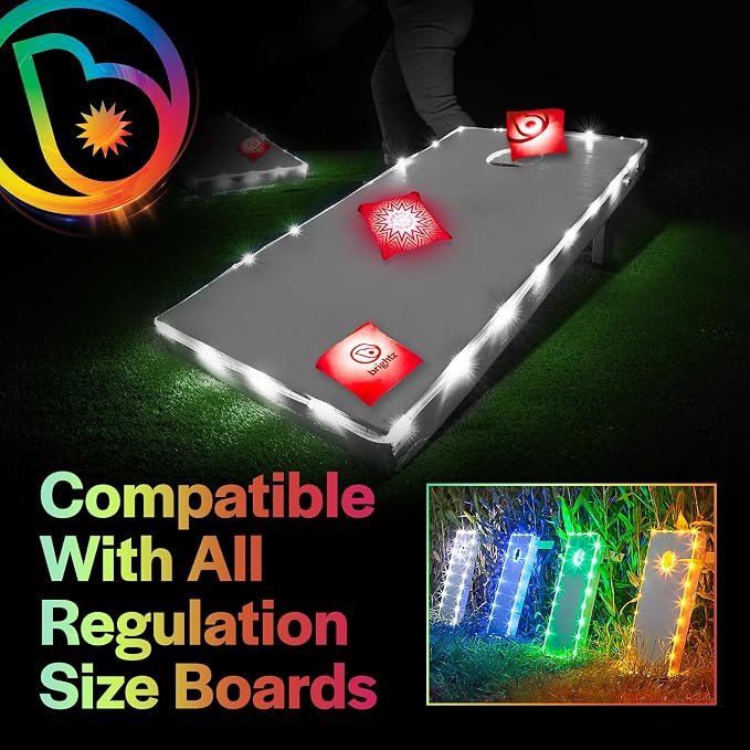 Brightz Cornhole Board Edge Lights with LED Bags - Includes 4-Pack of LED Cornhole Bags + TossBrightz Cornhole Board Edge Lights - The Ultimate Night Time Cornhole Master Set