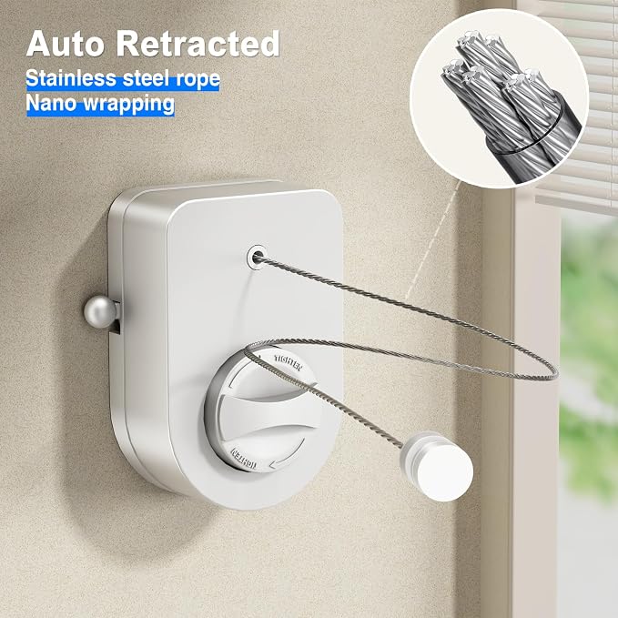 Mustorn Retractable Clothesline Indoor, Non-Sagging Outdoor Clothes Line Retracting Heavy Duty Clothes Drying Laundry Line Wall Mounted Stainless Steel Line-13.8 Feets (Single Line-White)