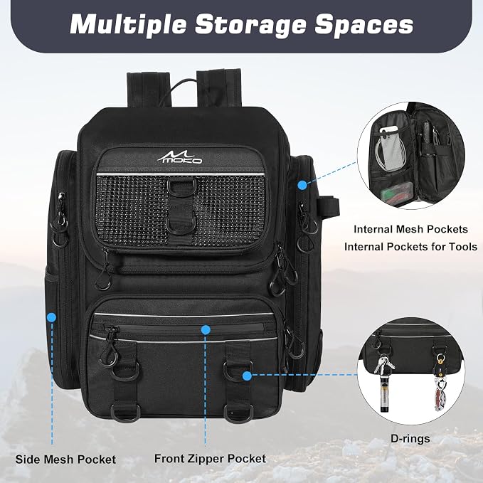 MoKo Fishing Backpack Bag, Large 40L Tackle Backpack with Rod Holders & Bait Binder Storage Fishing Gear and Equipment for Hiking Camping, Gifts for Men Father, Black