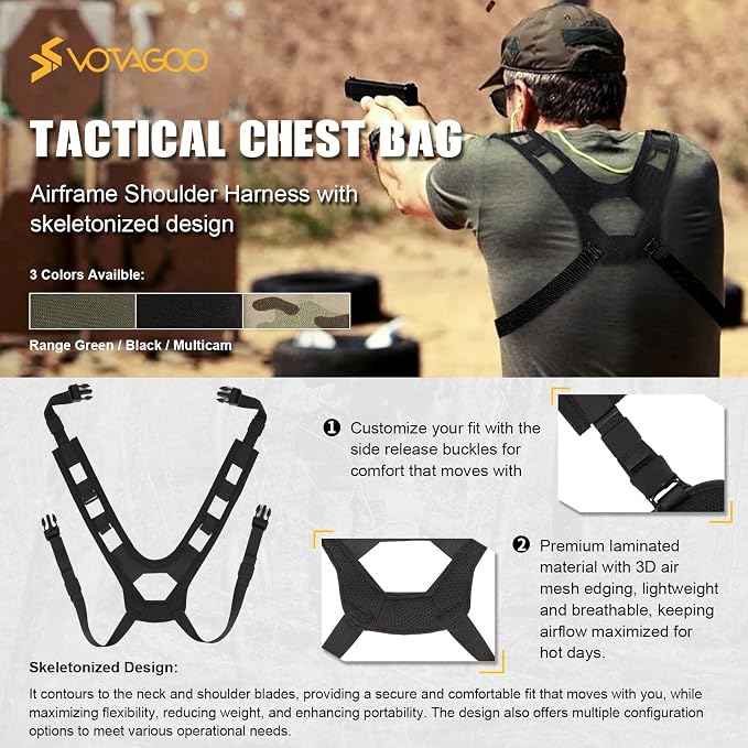 VOTAGOO GEAR Tactical Chest Rig Bag, 3L Utility Hypalon Molle Chest Rig With Map Pocket 500D Cordura Chest Bag for Hunting Workouts (Black)
