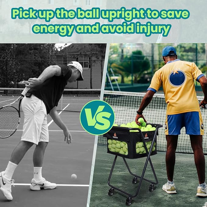 Tennis & Pickleball Cart - 140 Ball Capacity Hopper with Quick-Detach Bag, 4 Smooth Swivel Wheels & Foldable Frame for Easy Court Transport and Compact Storage