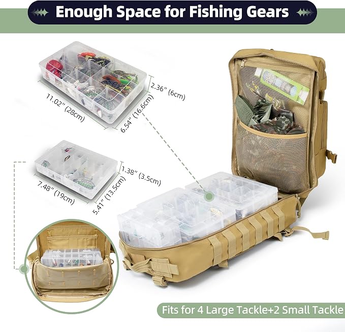 TBNBO 45l Large Fishing Tackle Backpack with Removable Plier Holder & Rod Holders, Khaki Tactical Bag, Fishing Gear and Tackle Box Organizer, Hiking Rucksack without Tackle Box