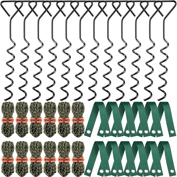 Sintuff 12 Set Tree Stakes and Supports Kit for Anti Hurricane Leaning Trees Straightening Heavy Duty 15. 75" Spiral Tree Stake with 13. 12 ft Ropes and 15. 75'' Support Straps (Army Green)