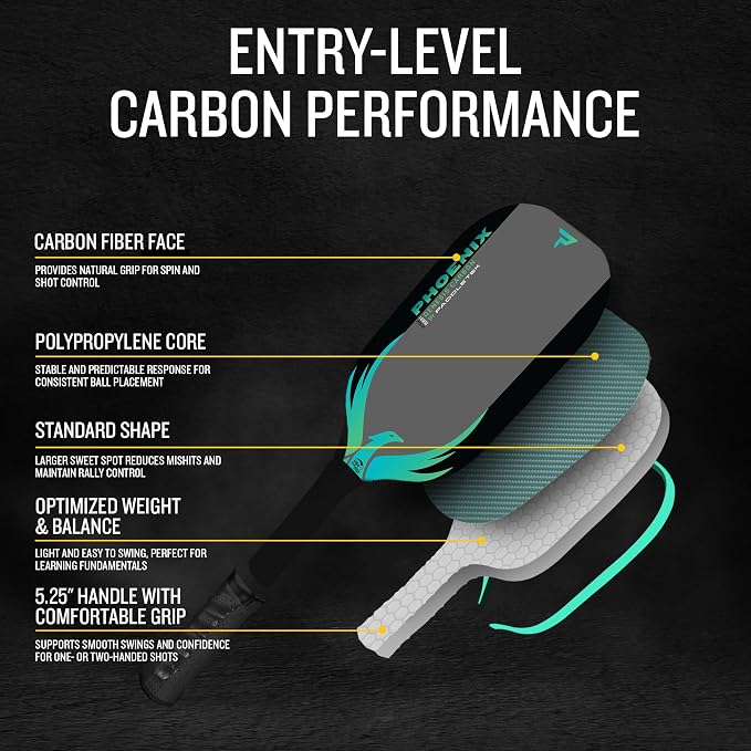 Paddletek Phoenix Genesis Carbon 14mm Pickleball Paddle – Textured Carbon Fiber Pickleball Paddle with Polypropylene Honeycomb Core – USAPA Approved – Balanced All-Court Performance – 5.25" Handle