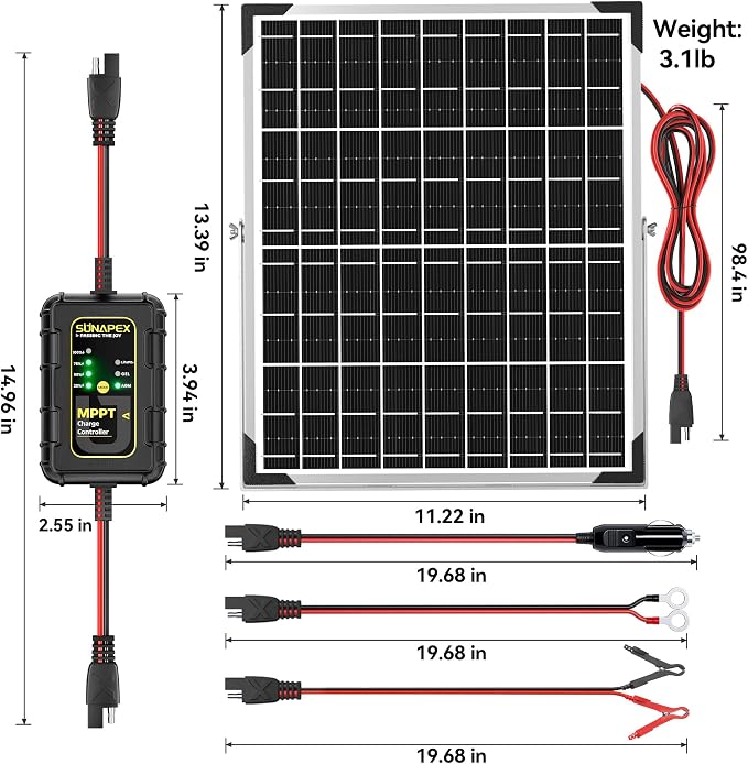 SUNAPEX 12V Solar Battery Charger with LCD Voltage Tester - 15W Solar Battery Trickle Charger with Smart MPPT Controller- Waterproof Solar Battery Maintainer for Boat Marine RV Trailer Truck