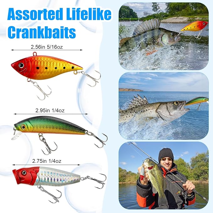 Fishing Lures Kit with Tackle Box, Pliers, Fish Gripper, Saltwater Freshwater Gear Set for Bass Trout, Hooks Weights Bobbers Rigs Leaders