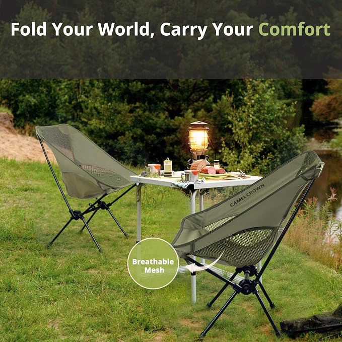 CAMEL CROWN Portable Camping Chair Lightweight Compact Folding Chair Mesh for Outdoor Camp Travel Beach Picnic Festival Hiking Backpacking Army Green 2 Pack