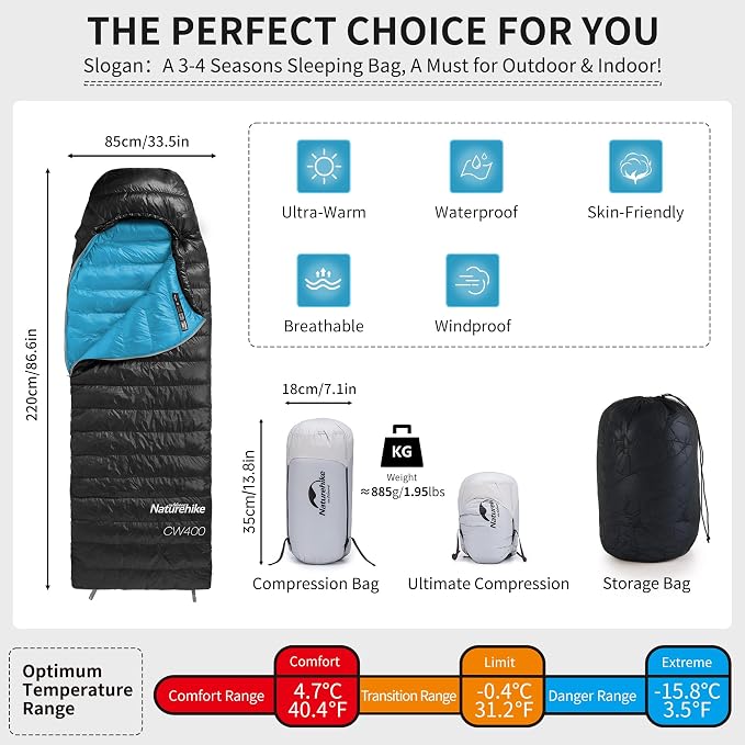 Naturehike Ultralight Down Sleeping Bag, 650FP Backpacking Sleeping Bag for Adults, 40.4℉ Waterproof Sleeping Bags for Camping, Hiking, Traveling with Compression Sack