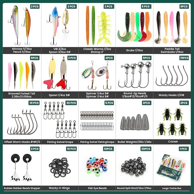 142pcs Fishing Lures Tackle Box Bass Kit with Fishing Techniques Book | 1.Exquisite packaging 2.suitable for beginners and gifts for kids 3.experiment with different fishing techniques