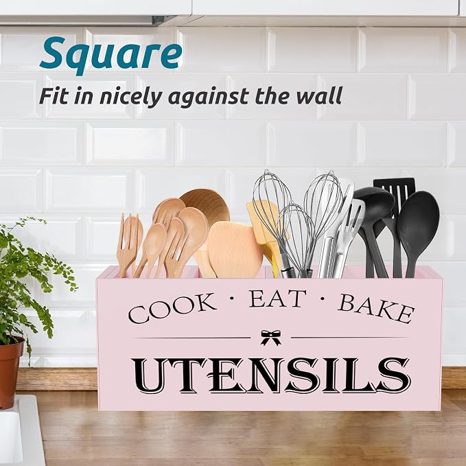 Suli Extra Large Kitchen Utensils Holder with 4 Compartments, Wooden Utensil Organizer for Kitchen Countertop, Farmhouse Kitchen Decor, Rustic Cooking Utensil - Pink