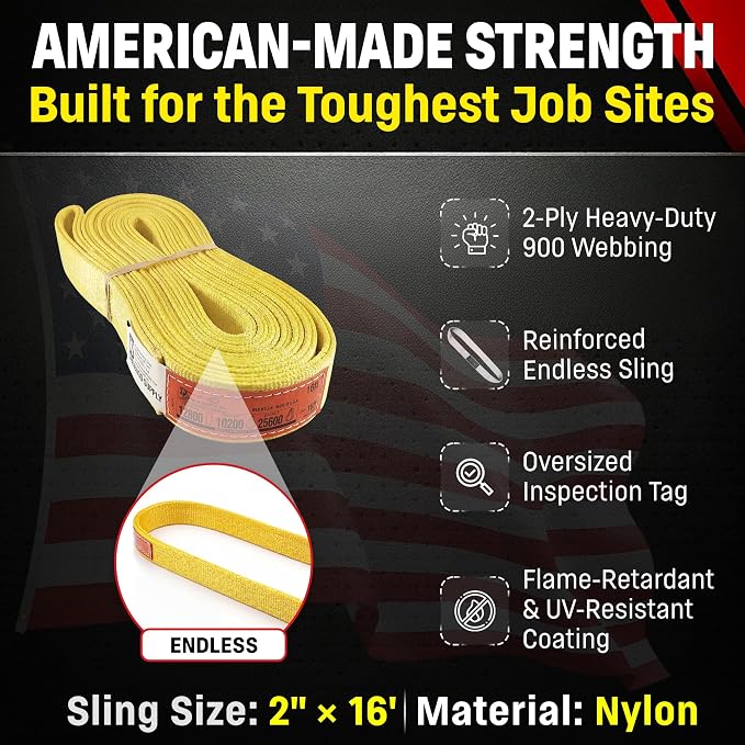 DD Sling 2" x 16' Nylon Endless Lifting Sling – USA Made, 12,800 lb Vertical, 10,200 lb Choker, 25,600 lb Basket – 2 Ply Heavy Duty 900 Webbing, Type 5 Endless Rigging Sling