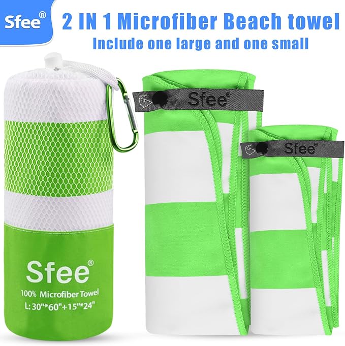 Sfee 2 in 1 Microfiber Beach Towel, Quick Dry Towel Camping Towel Travel Towel Super Absorbent Compact Lightweight Sports Gym Towels Set for Beach, Gym, Hiking, Pool, Backpacking, Bath, Yoga