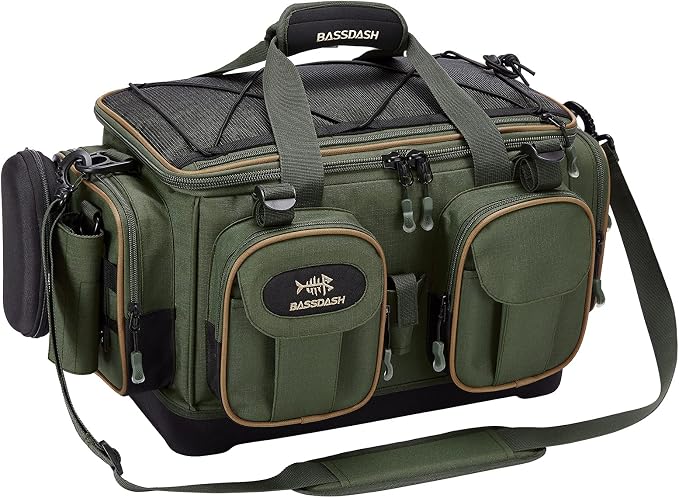 BASSDASH Fishing Tackle Shoulder Bag Water Resistant Lightweight Gear Storage Pack with Hard Molded Bottom Rain Cover