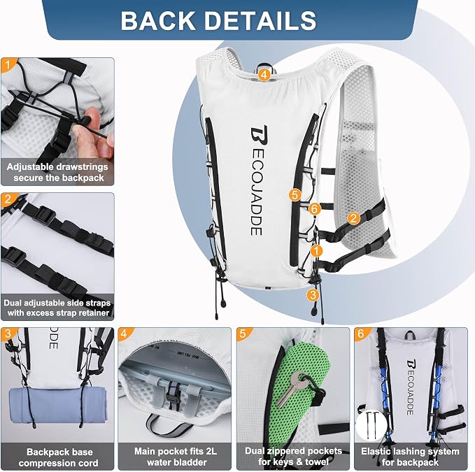 BECOJADDE Running Vest Hydration Backpack for Men Women, 5L Lightweight Running Backpack Hydration Pack for Marathon, Trail, Cycling, Hiking, Jogging