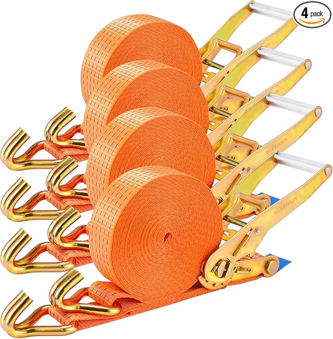 TLGREEN 4 Pack 2 in x 27 FT Double J Hook Ratchet Straps (11,000 lbs Break Strength), Heavy Duty Tie Down Straps for Trucks(Orange)