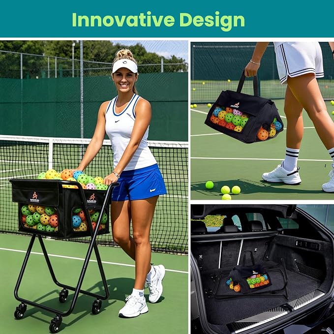 Tennis & Pickleball Cart - 140 Ball Capacity Hopper with Quick-Detach Bag, 4 Smooth Swivel Wheels & Foldable Frame for Easy Court Transport and Compact Storage