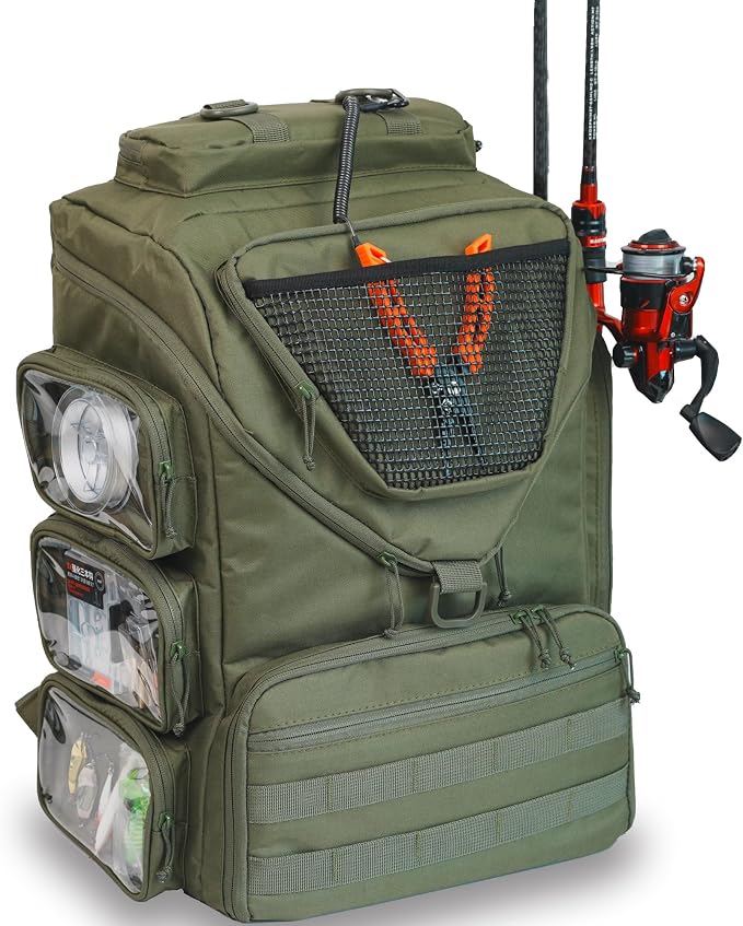 kokkoya 40L Fishing Backpack Tackle Box Back Pack Tacklebox for Men Dad with 2 Rod Holders Two Tier Storage 3 Clear Pockets Kayak Fishing