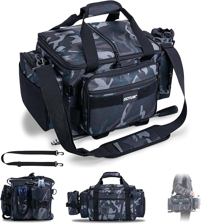 Goture Fishing Tackle Bag,Store Up to 4PCS 3700 Tackle Boxes(Not Included),600D Soft Side Water-Resistant Saltwater Gear Storage Fishing Bag with Rod Straps,Detachable Water Bottle Pouch,SBS Zippers